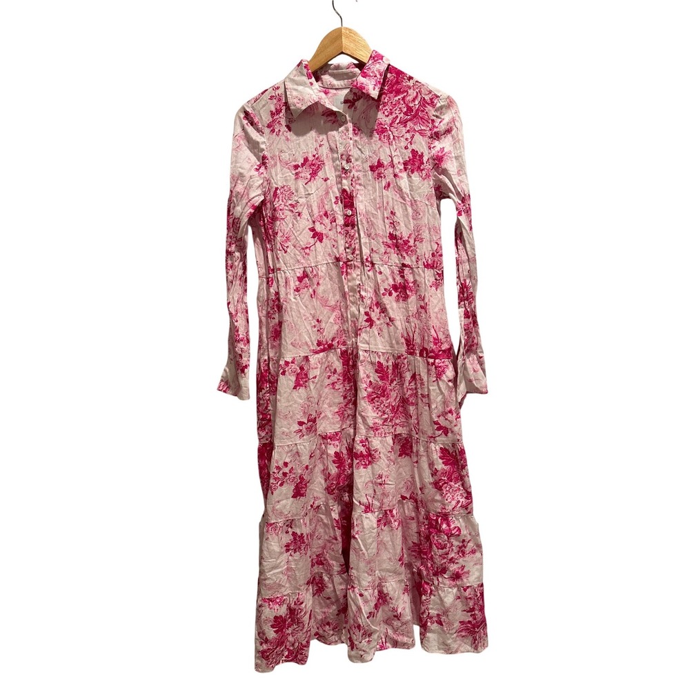 ERDEM Pink Floral Tiered Midi Shirt Dress Long Sleeve Pockets Romantic Cottage